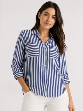 Express Blue & White Striped Button Front Blouse | Size Large